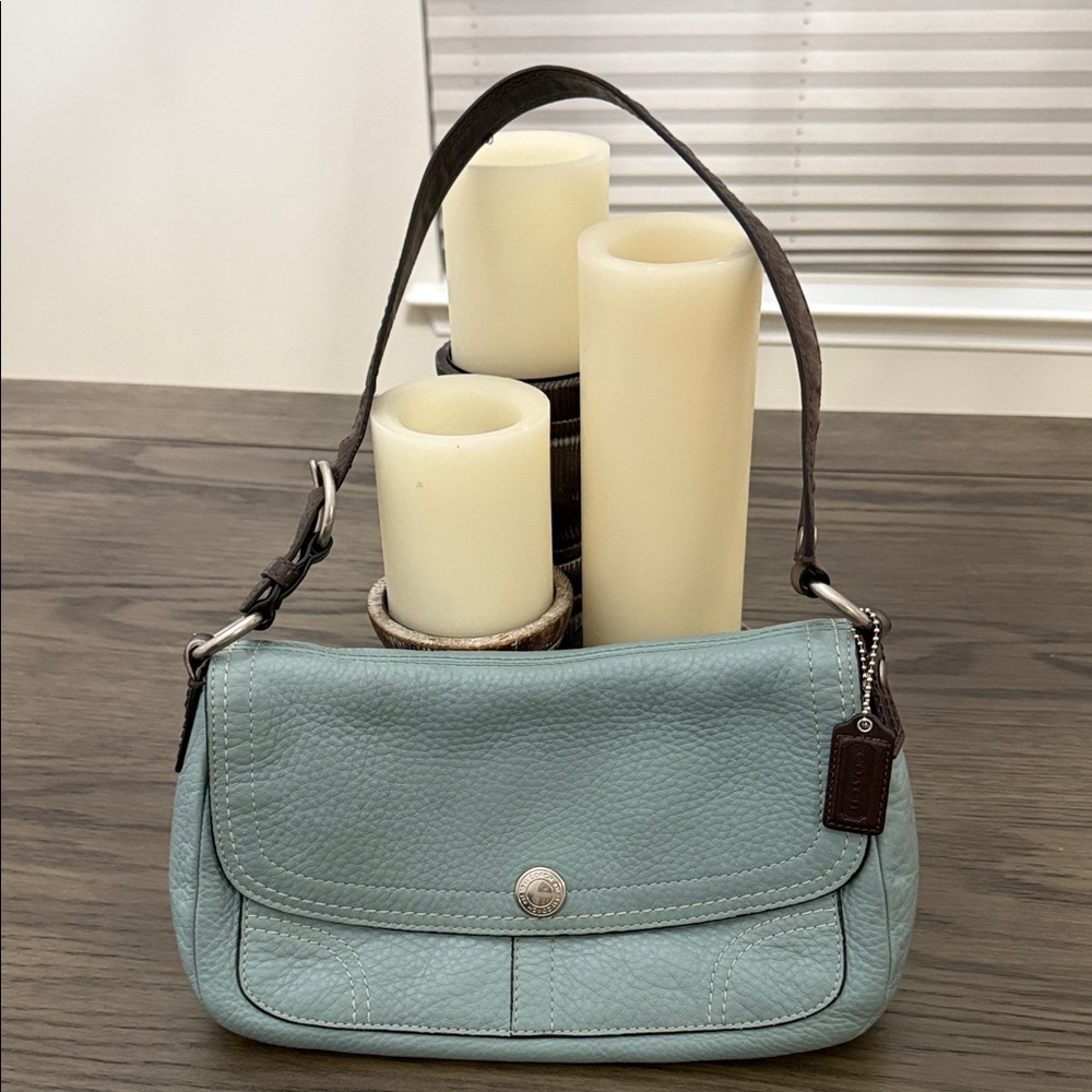 Coach Light Blue Pebble Leather with Chocolate Brown Interior and Strap